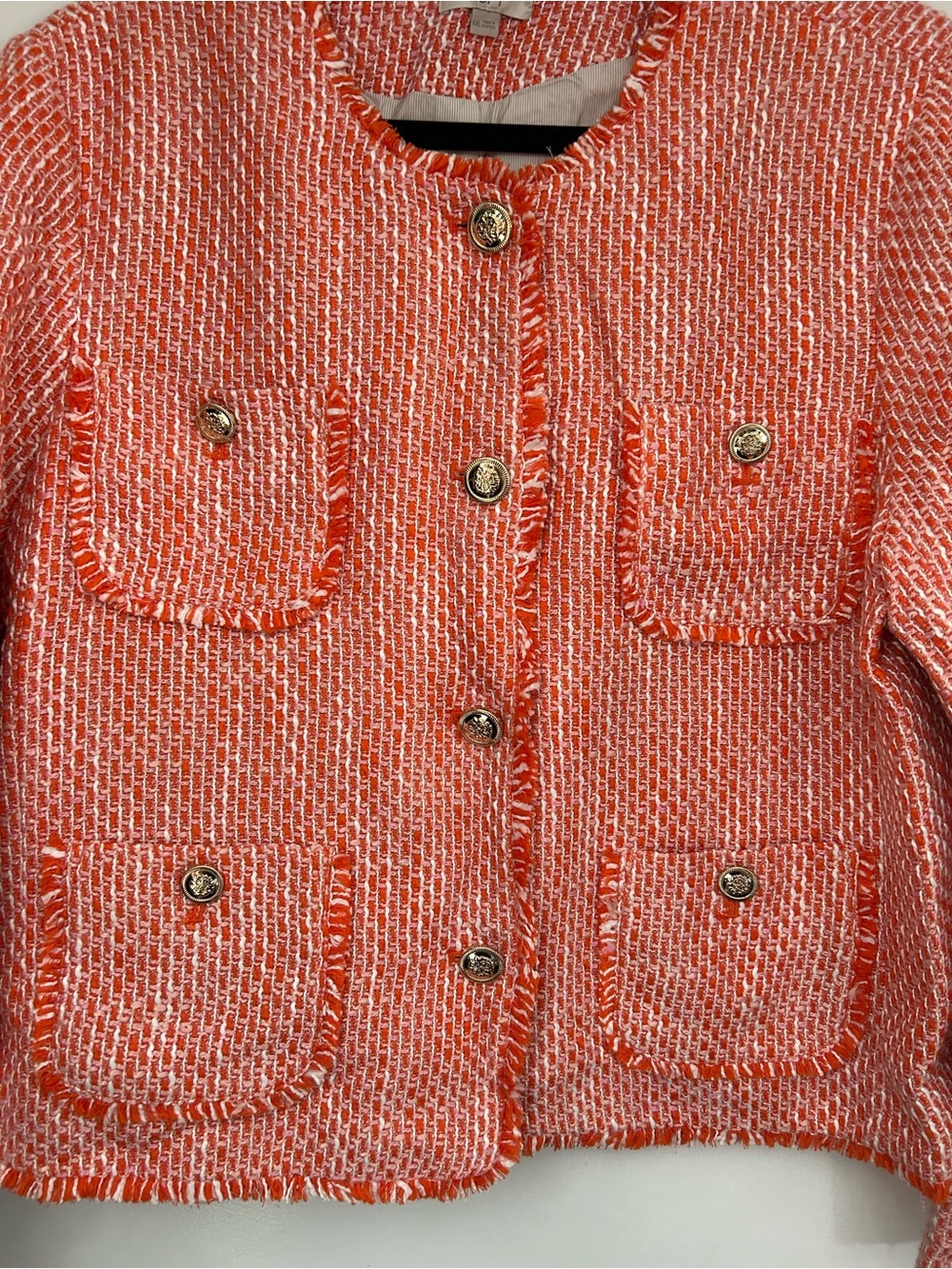LOFT - textured tweed jacket, collarless, fringe trim, and buttoned pockets.
